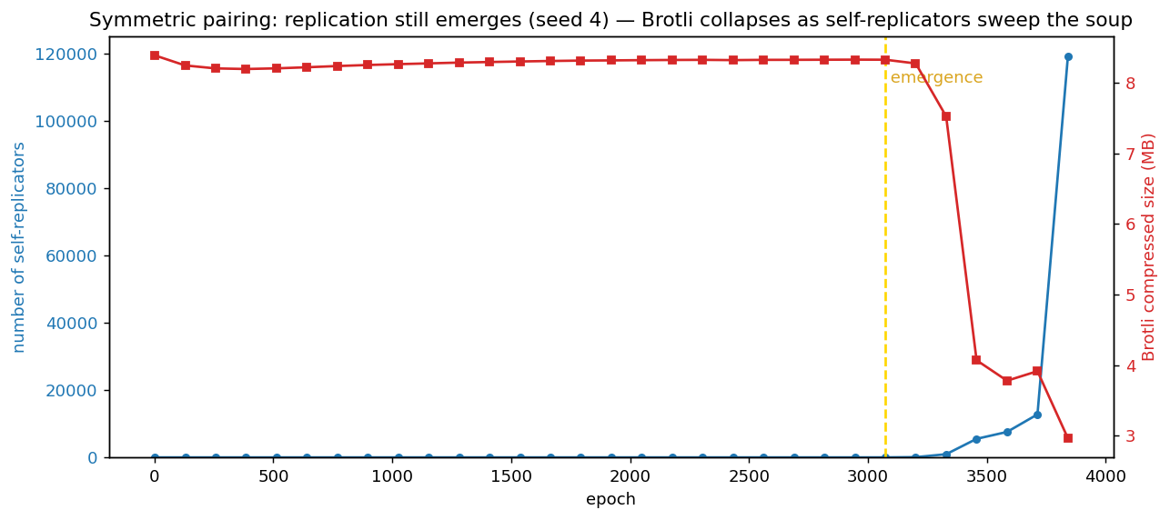 Symmetric pairing seed 4: self-replicators spike to ~120k as Brotli size collapses, showing replication still emerges